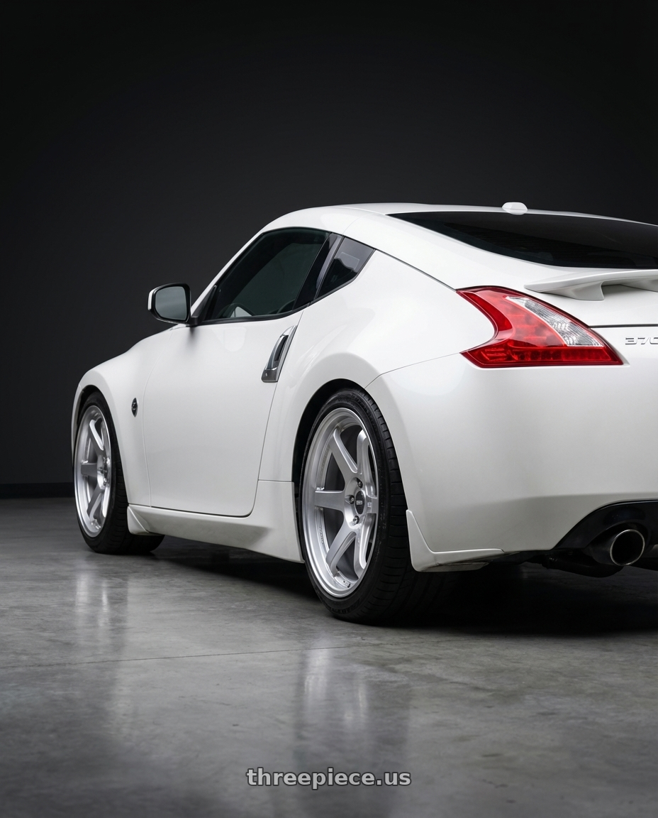2019 Nissan 370Z with ESR Wheels APEX SERIES AP6 5x114.3 19x9.5 +22 Hyper Silver wheels rear three quarter view square tires