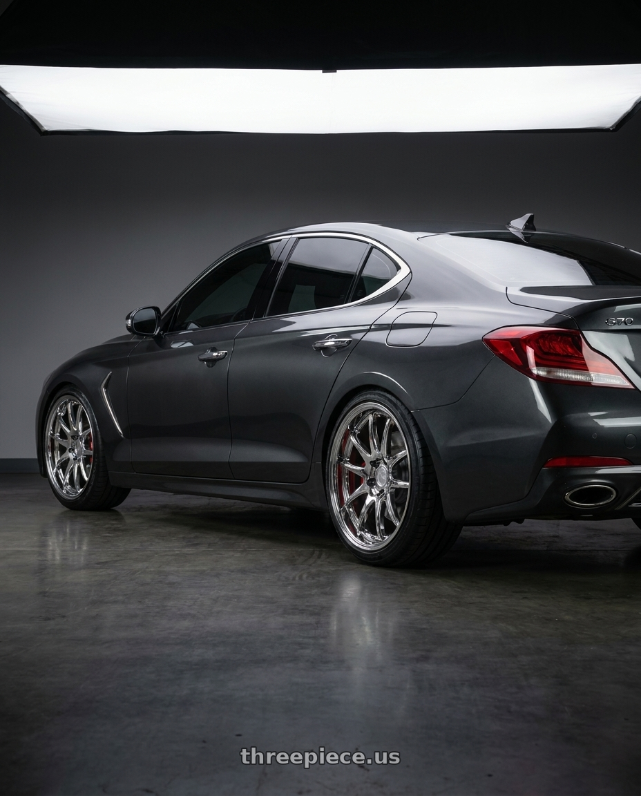 2019 Genesis G70 with Aodhan DS02 5x114.3 19x8.5 +35 Vacuum Chrome wheels rear three quarter view slight stretch tires