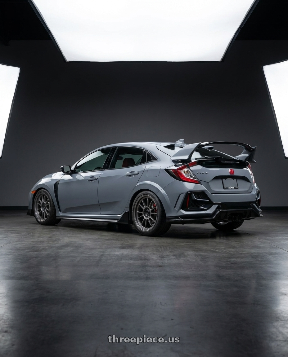 2021 Honda Civic Type R with Konig Hypergram 5x120 18x8.5+35 Matte Grey wheels rear three quarter view square tires