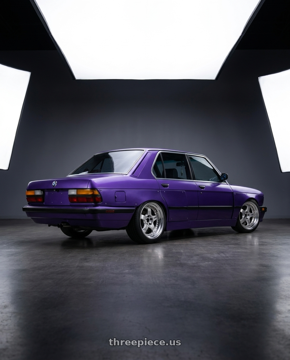 1985 BMW 535i with Work Meister S1 3P 5x120 17x8.5-3 O Disk Silver wheels rear three quarter view square tires