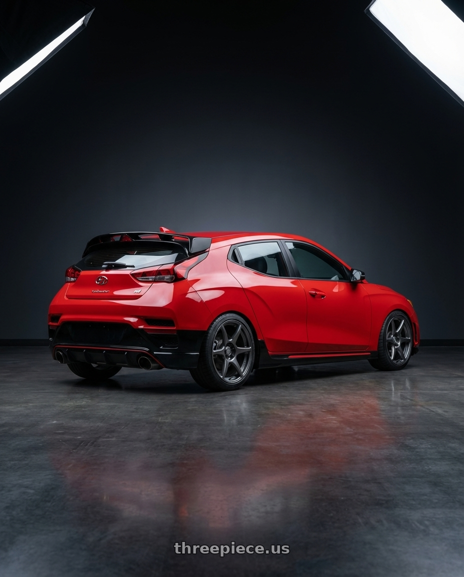 2022 Hyundai Veloster N with Kansei K11G Tandem 5x114.3 19x9.5 12 Gunmetal wheels rear three quarter view square tires