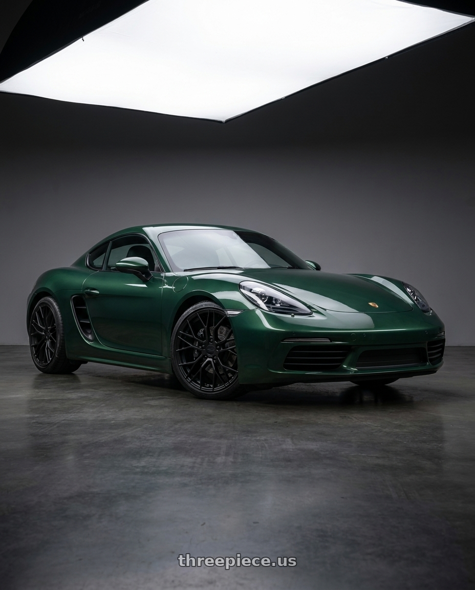 2019 Cayman 718 Porsche, Aston Martin metallic British Racing Green with KATANA RACING KR01 5x100 17x7.5 +40 Matte Black wheels
