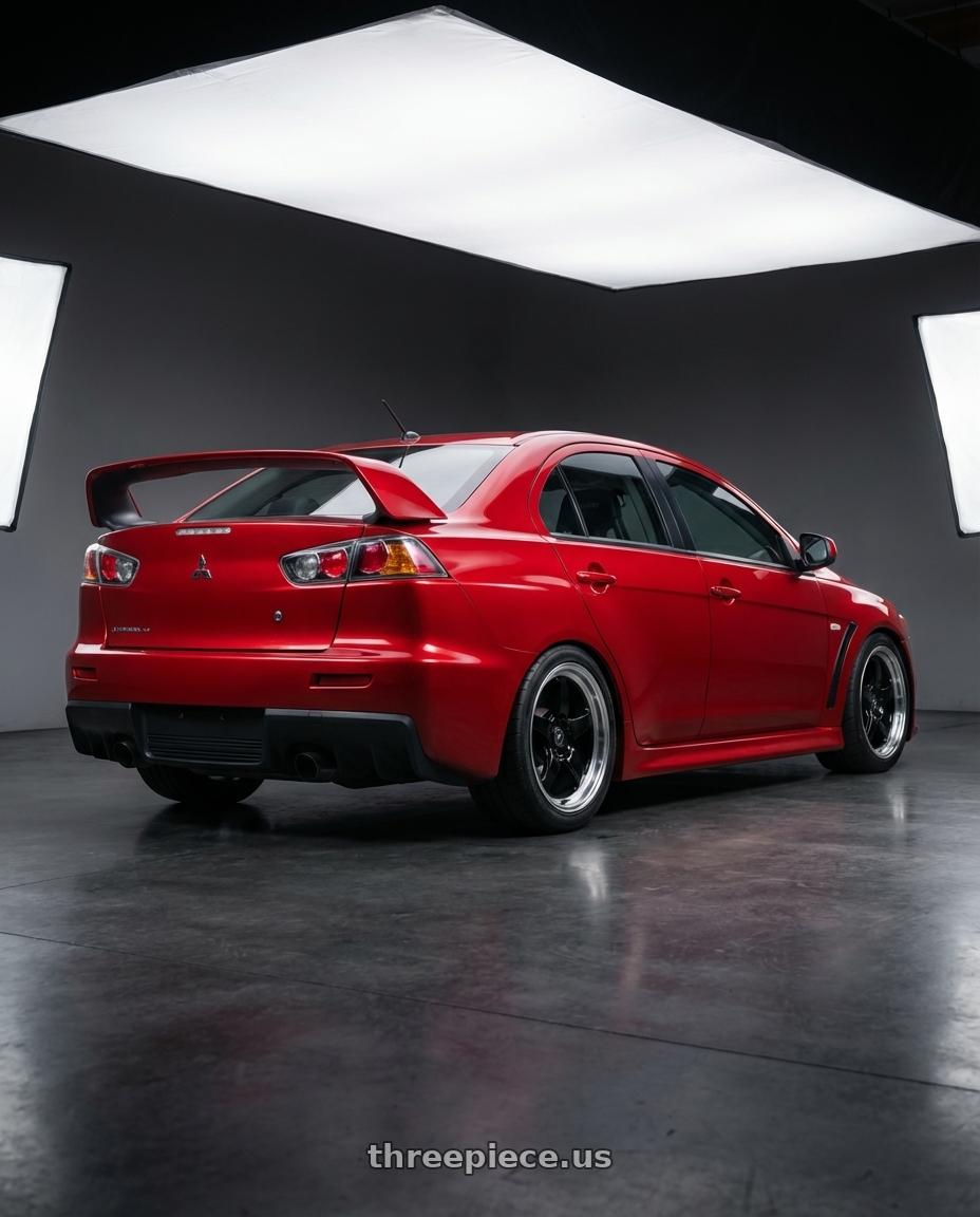 2012 Mitsubishi Lancer Evo X with Forgestar D5 Drag 5x114.3 18x10 +22 Gloss Black Machined wheels rear three quarter view square tires