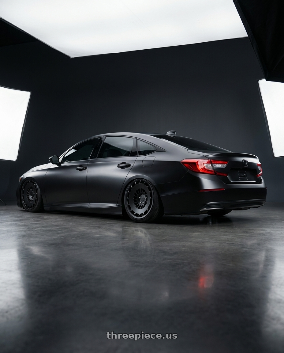 2019 Honda Accord 1.5T Satin Black with Rotiform 1PC R137 CCV BLANK 19X8.5 +45 MATTE BLACK wheels rear three quarter view slight stretch tires
