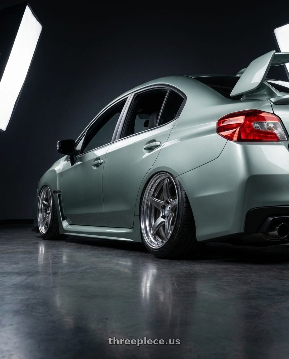 2021 Subaru sti millennium jade  with Work T5R 2P 5x114.3 18x9.5 +38 GT SILVER wheels rear three quarter view extreme stretch tires