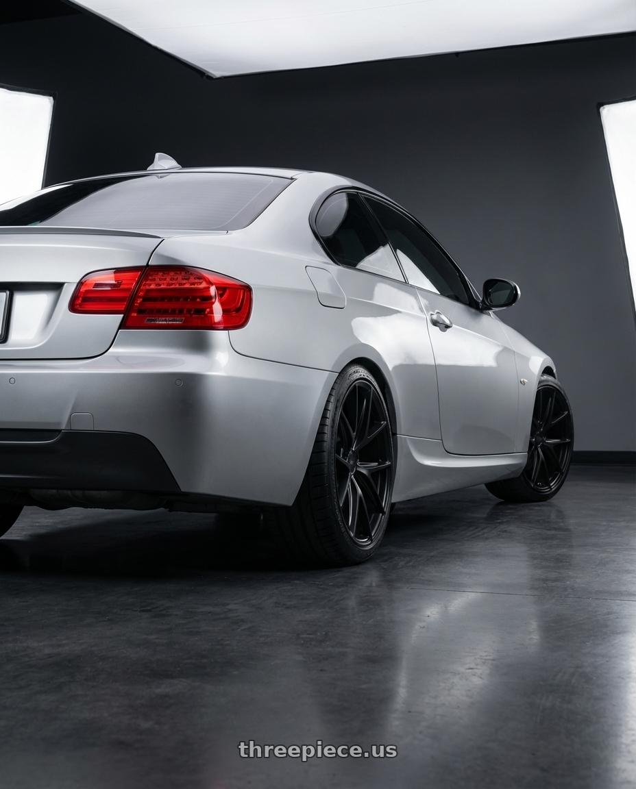 2012 BMW 3 Series E92 with Niche 1PC M117 MISANO 5X120 18X8 +40 MATTE BLACK wheels rear three quarter view square tires