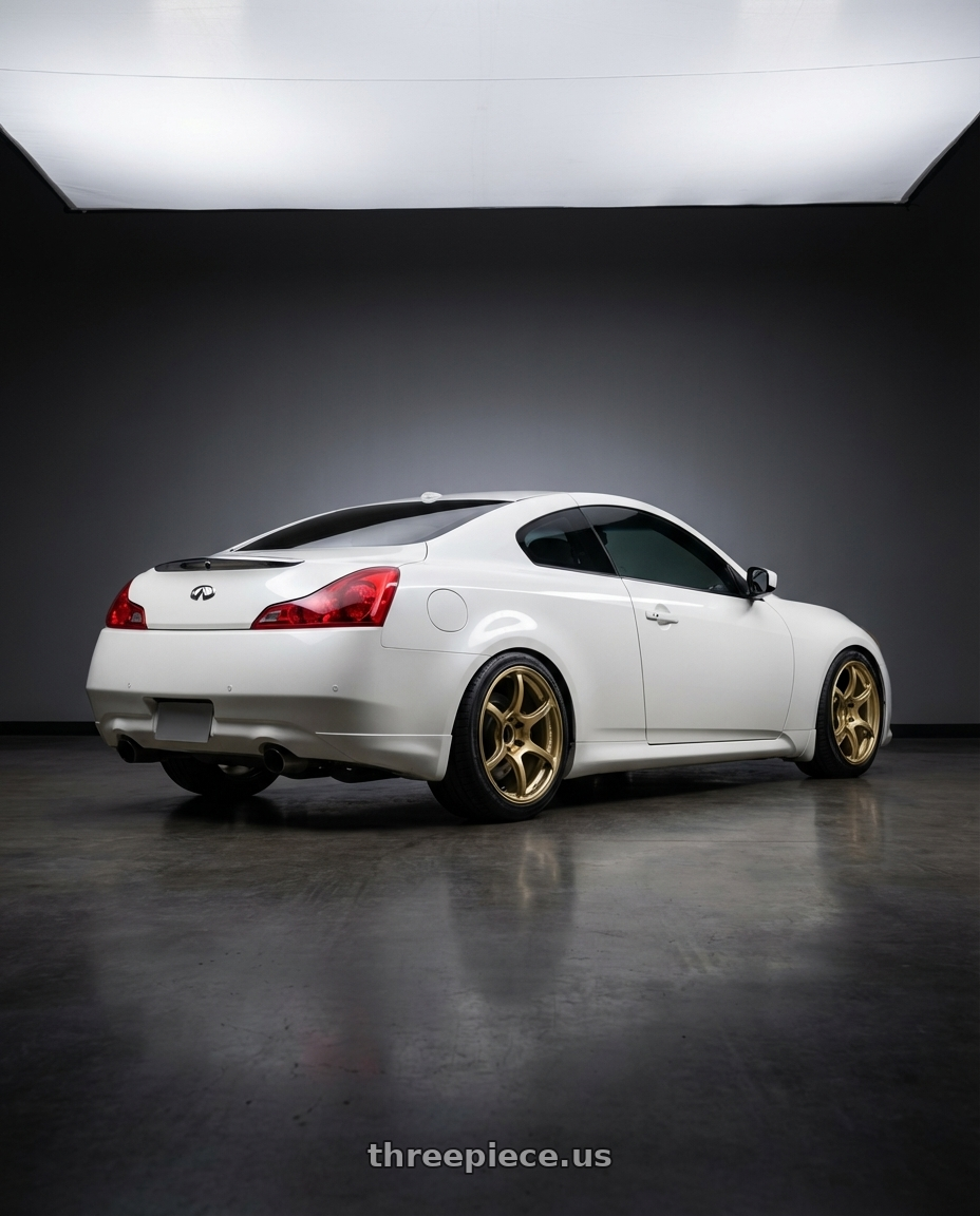 2014 Infiniti G37 Coupe with Advan RGIII 5x114.3 19x10.5+25 Gold wheels rear three quarter view square tires