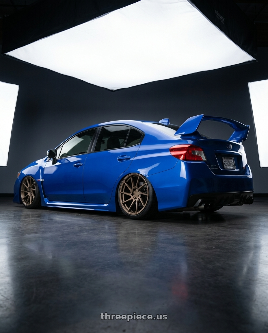 2018 Subaru WRX STI with Aodhan AH09 5x114.3 18x9.5 +35 Matte Black wheels rear three quarter view slight stretch tires