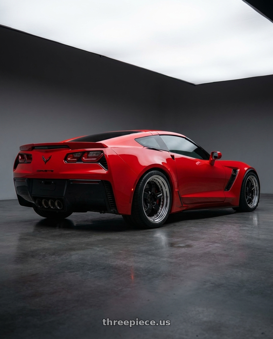 2019 Chevrolet Corvette with Work Meister S1 3P 5x100 18x10-16 A Disk Black wheels rear three quarter view square tires