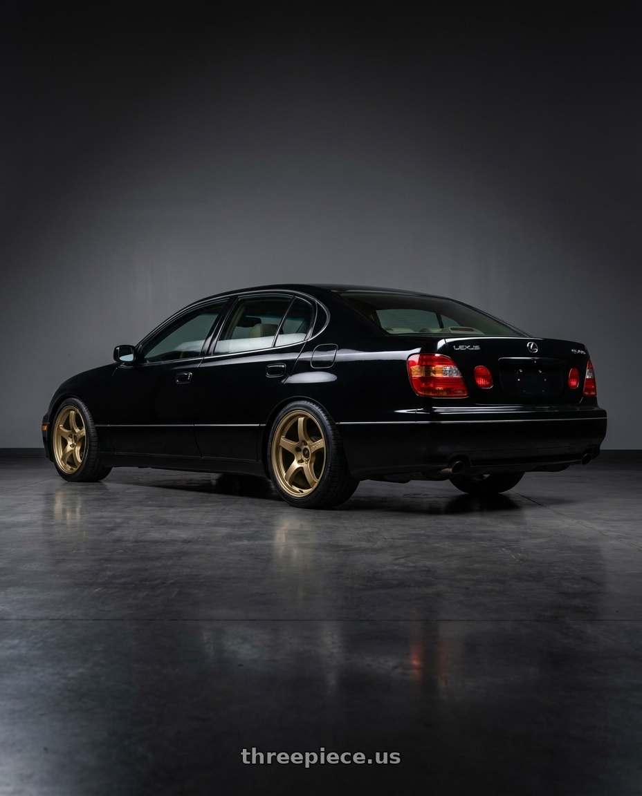 2002 Lexus GS430 with Gram Lights 57CR 5x114.3 19x9.5 +45 Almite Gold wheels rear three quarter view square tires