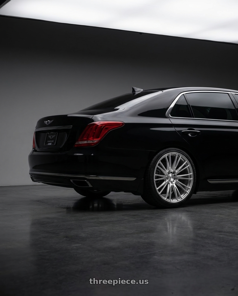 2018 Genesis G90 with Axe CF2 5x114 20X10+40 SILVER wheels rear three quarter view square tires