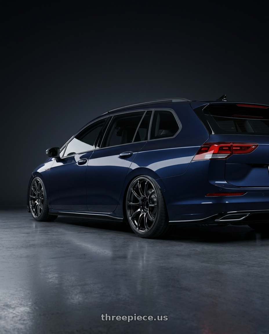 2023 golf 8 variant r line with Advan Racing RSIII 5x114.3 19x8.5 +51 BLACK CHROME wheels rear three quarter view square tires