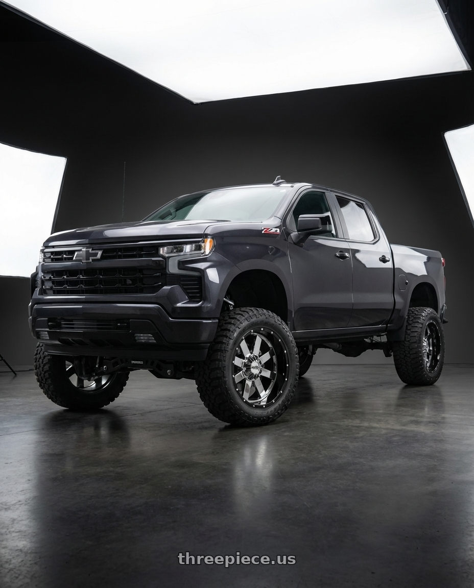 2023 Chevrolet Silverado 1500 with Moto Metal MO200 6X139.7 22X10 -18 CHROME CENTER GLOSS BLACK MILLED LIP wheels