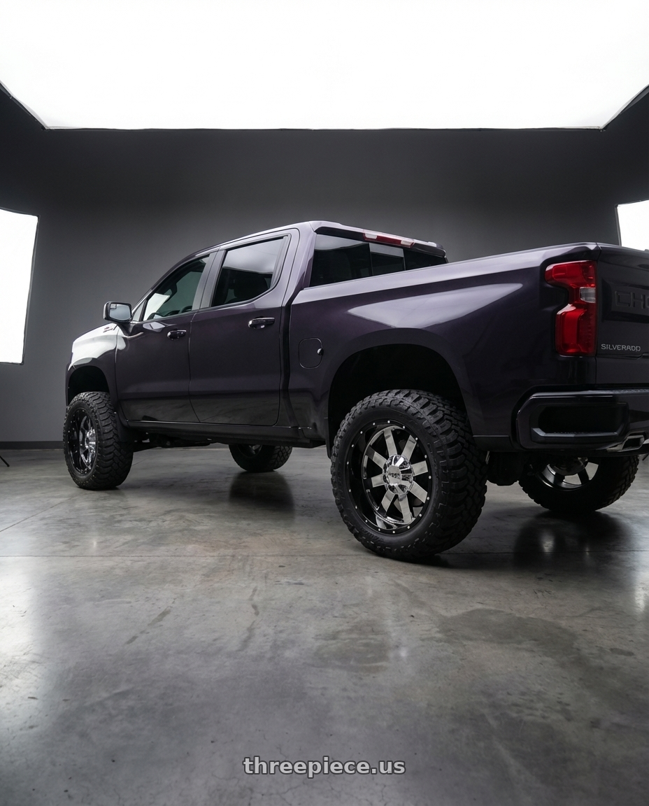 2023 Chevrolet Silverado 1500 with Moto Metal MO200 6X139.7 22X10 -18 CHROME CENTER GLOSS BLACK MILLED LIP wheels rear three quarter view meaty tires