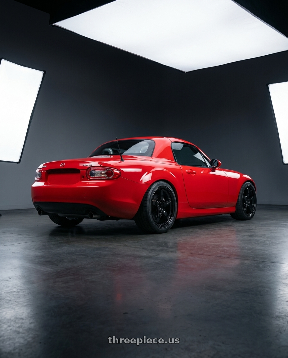 2012 Mazda MX-5 Miata NC with Gram Lights 57CR 5x114.3 17x9+22 Glossy Black wheels rear three quarter view square tires