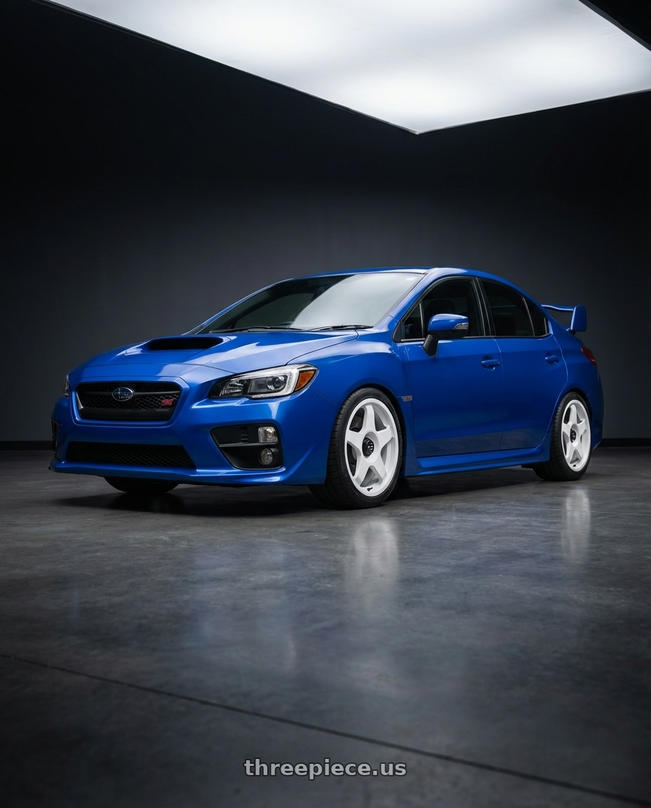 2018 Subaru WRX STI with fifteen52 CHICANE 5x114.3 / 5x100 18x8.5 +35 RALLY WHITE (GLOSS WHITE) wheels front three quarter view lowered stance