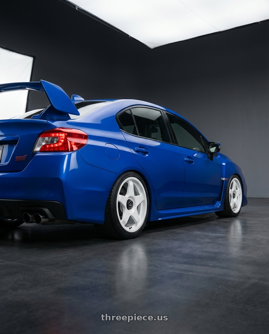 2018 Subaru WRX STI with fifteen52 CHICANE 5x114.3 / 5x100 18x8.5 +35 RALLY WHITE (GLOSS WHITE) wheels rear three quarter view square tires