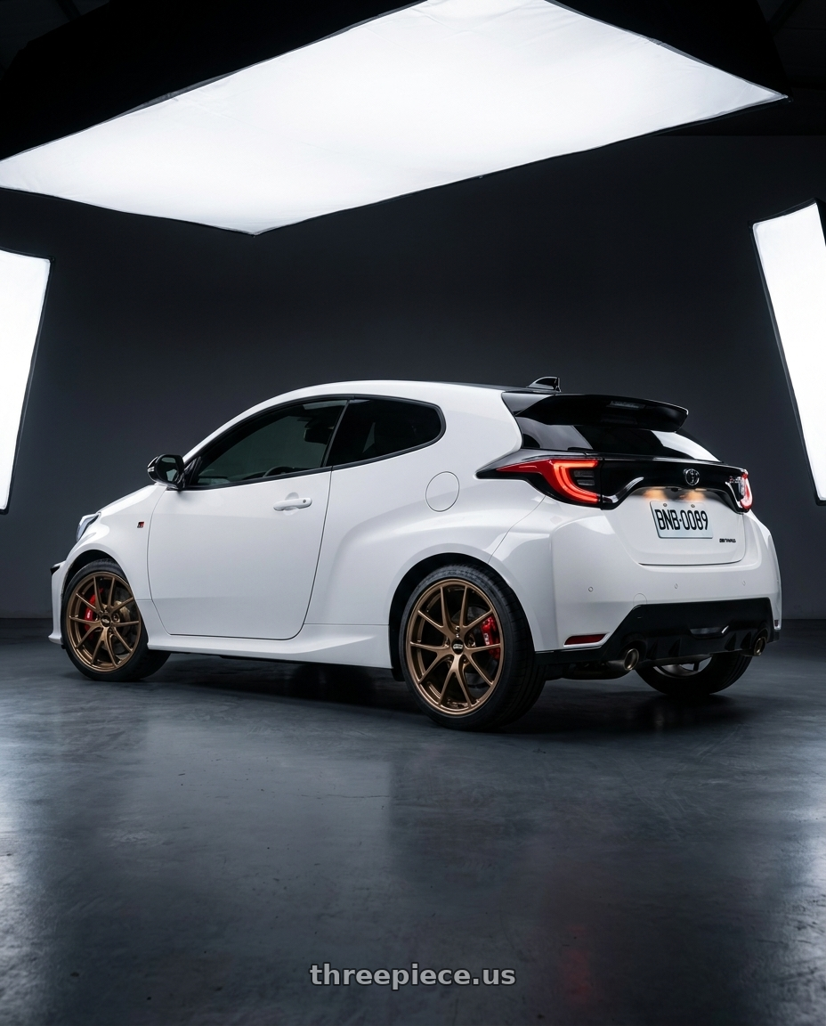 2021 GR yaris with BBS RI-A 5x120 18x9.5+40 Matte Bronze wheels rear three quarter view square tires