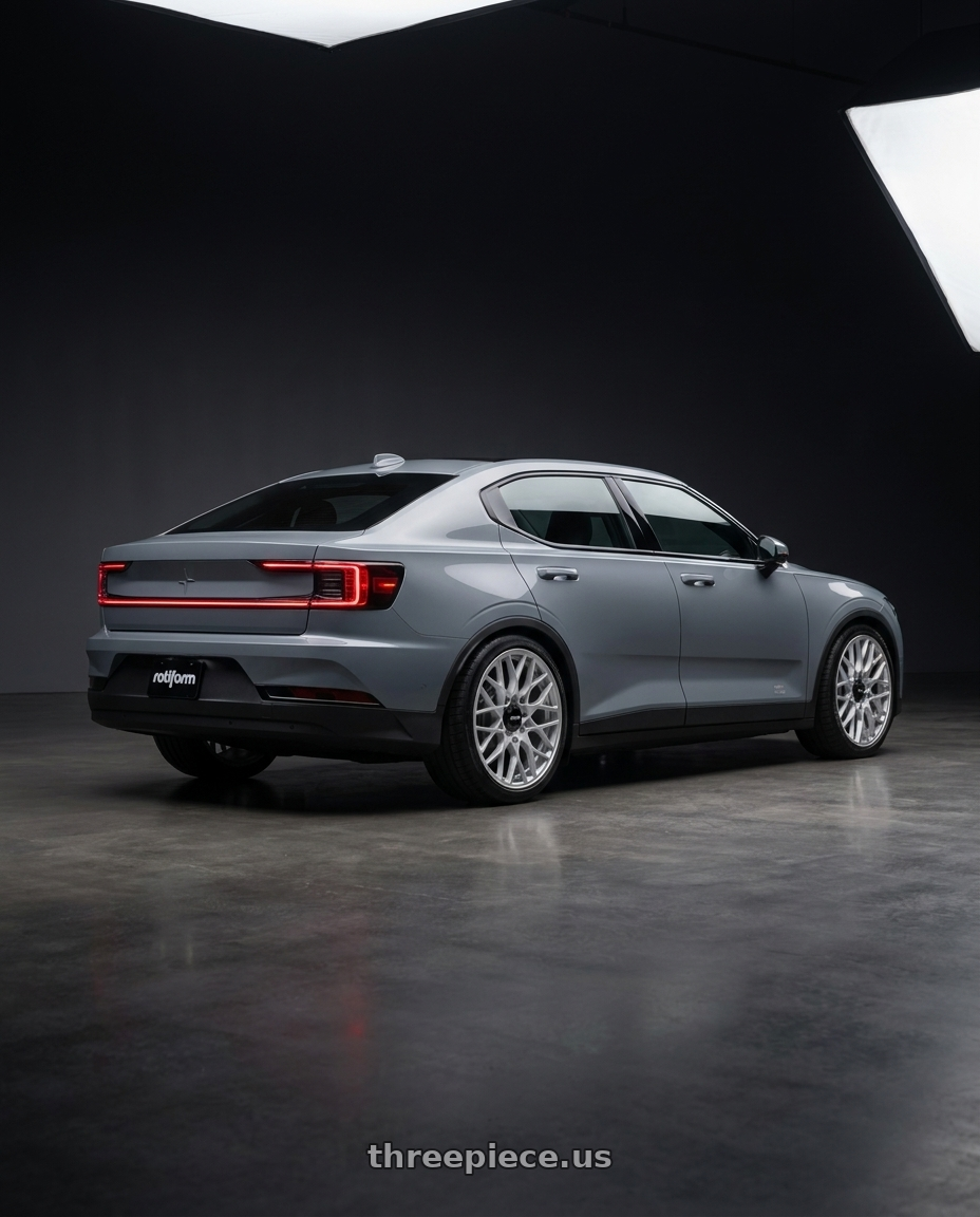 2023 polestar 2 with Rotiform 1PC R189 5X108 19X8.5 +45 GLOSS SILVER wheels rear three quarter view square tires