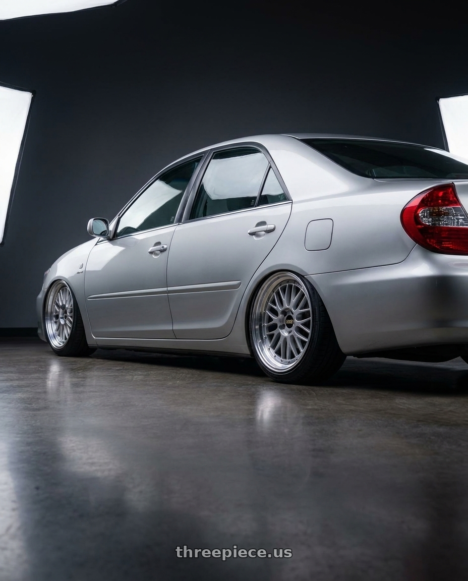 2005 toyota camry xv30 with BBS LM 5x114.3 17x7.5+38 Diamond Silver wheels rear three quarter view square tires