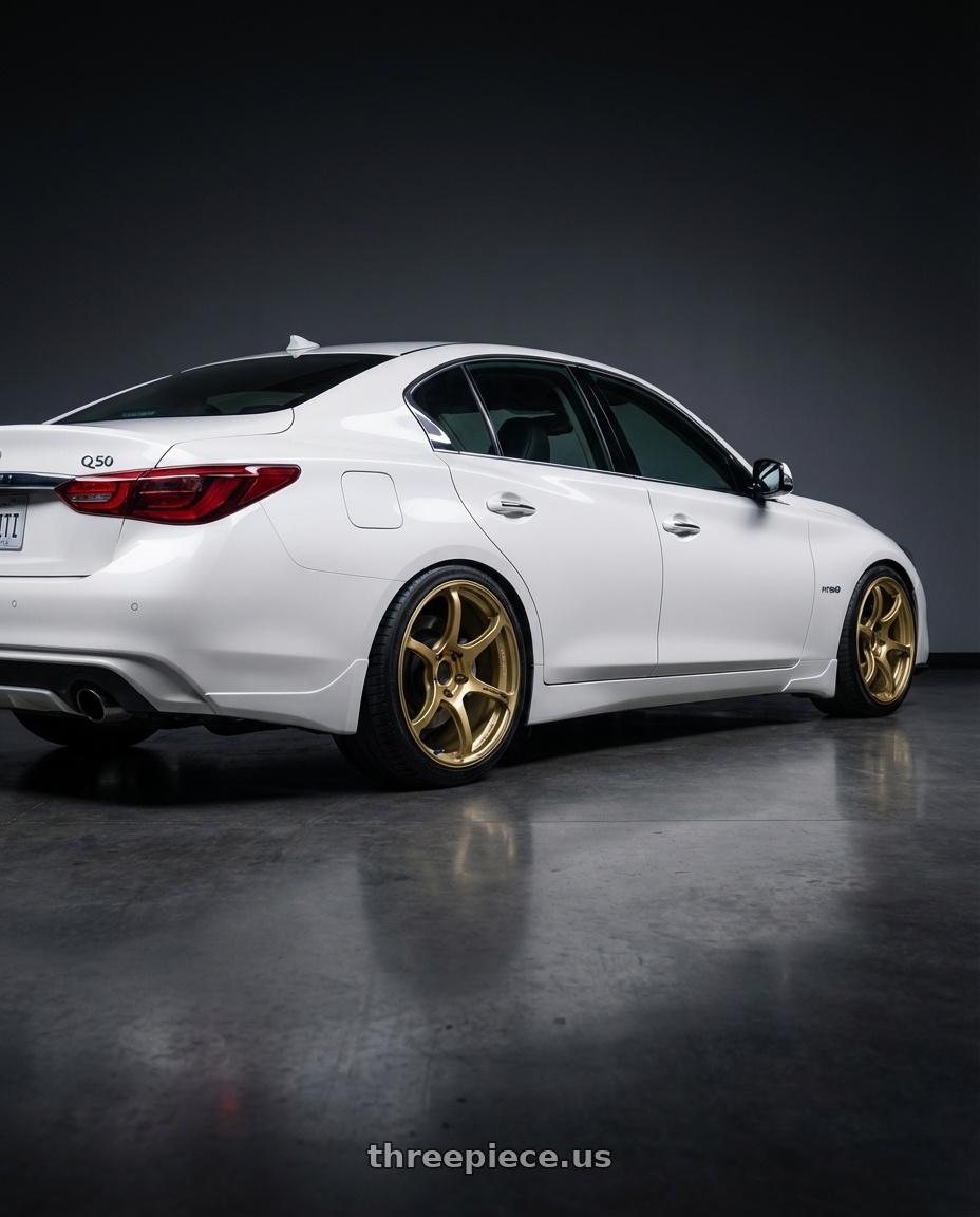 2020 Infiniti Q50 with Advan RGIII 5x114.3 19x10.5+15 Gold wheels rear three quarter view square tires