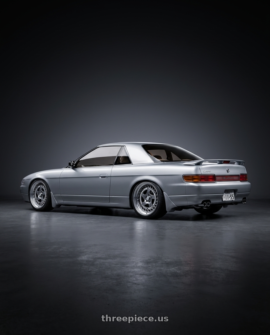 1990 eunos cosmo with FORMULA AERO SPOKE 5X100 18X9.5+25 HP Disk Titan Silver wheels rear three quarter view slight stretch tires
