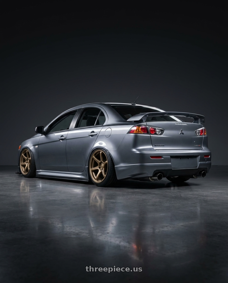 2014 Mitsubishi Lancer Ralliart with Kansei K11B Tandem 5x114.3 18x9.5 22 Bronze wheels rear three quarter view slight stretch tires