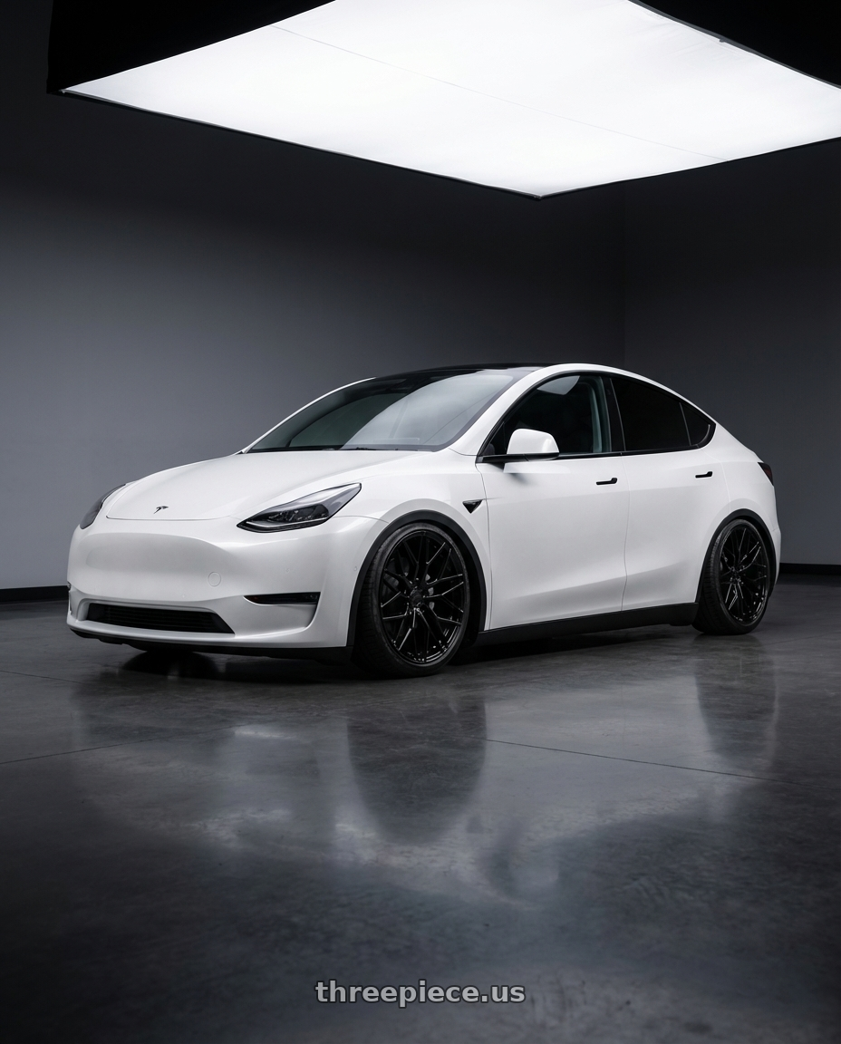 2024 Tesla Model Y with Avant Garde Wheels M520R 5X114.3 20x10 +35 Gloss Black wheels front three quarter view stanced stance