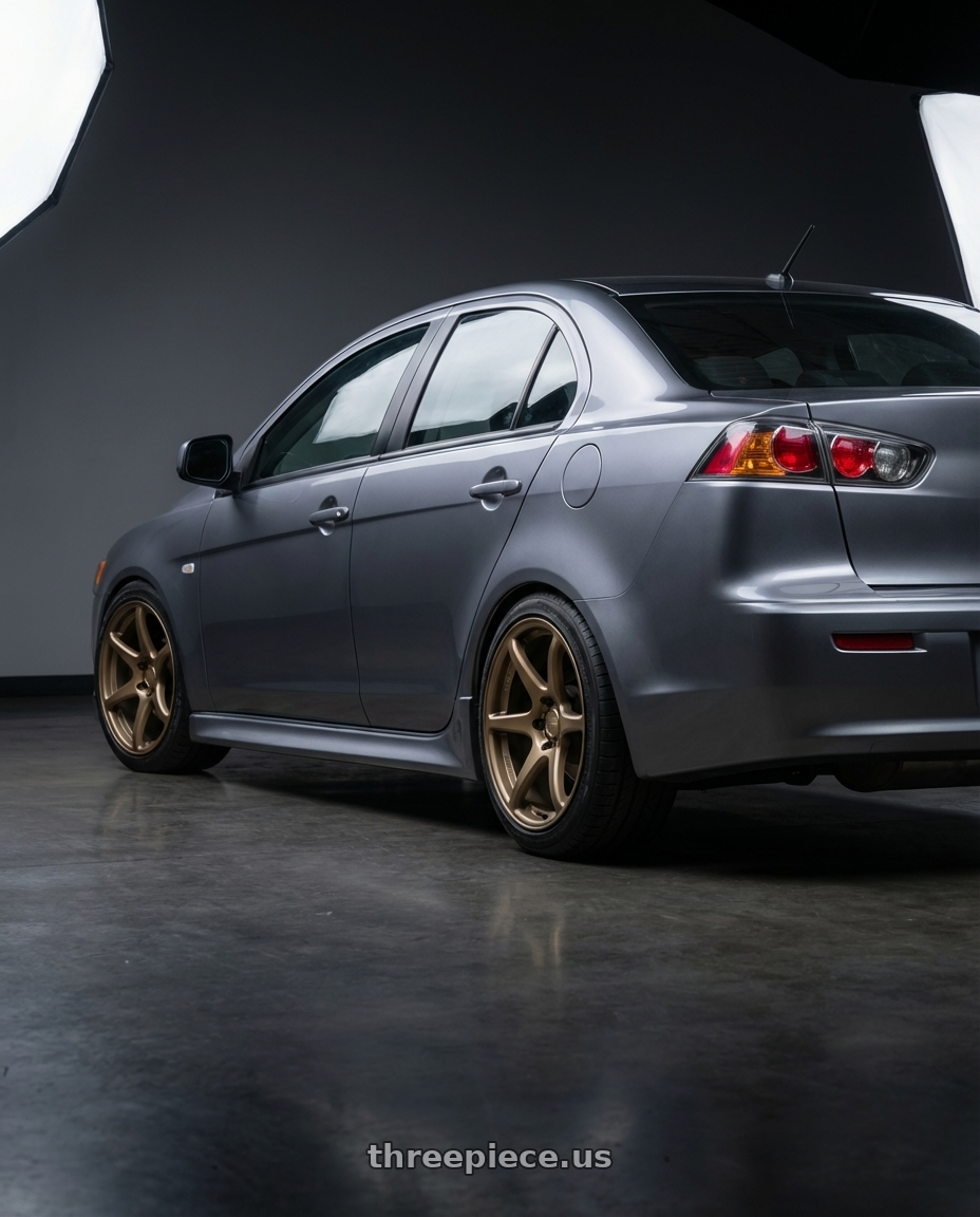 2014 Mitsubishi Lancer Ralliart with Kansei K11B Tandem 5x114.3 18x10.5 12 Bronze wheels rear three quarter view square tires
