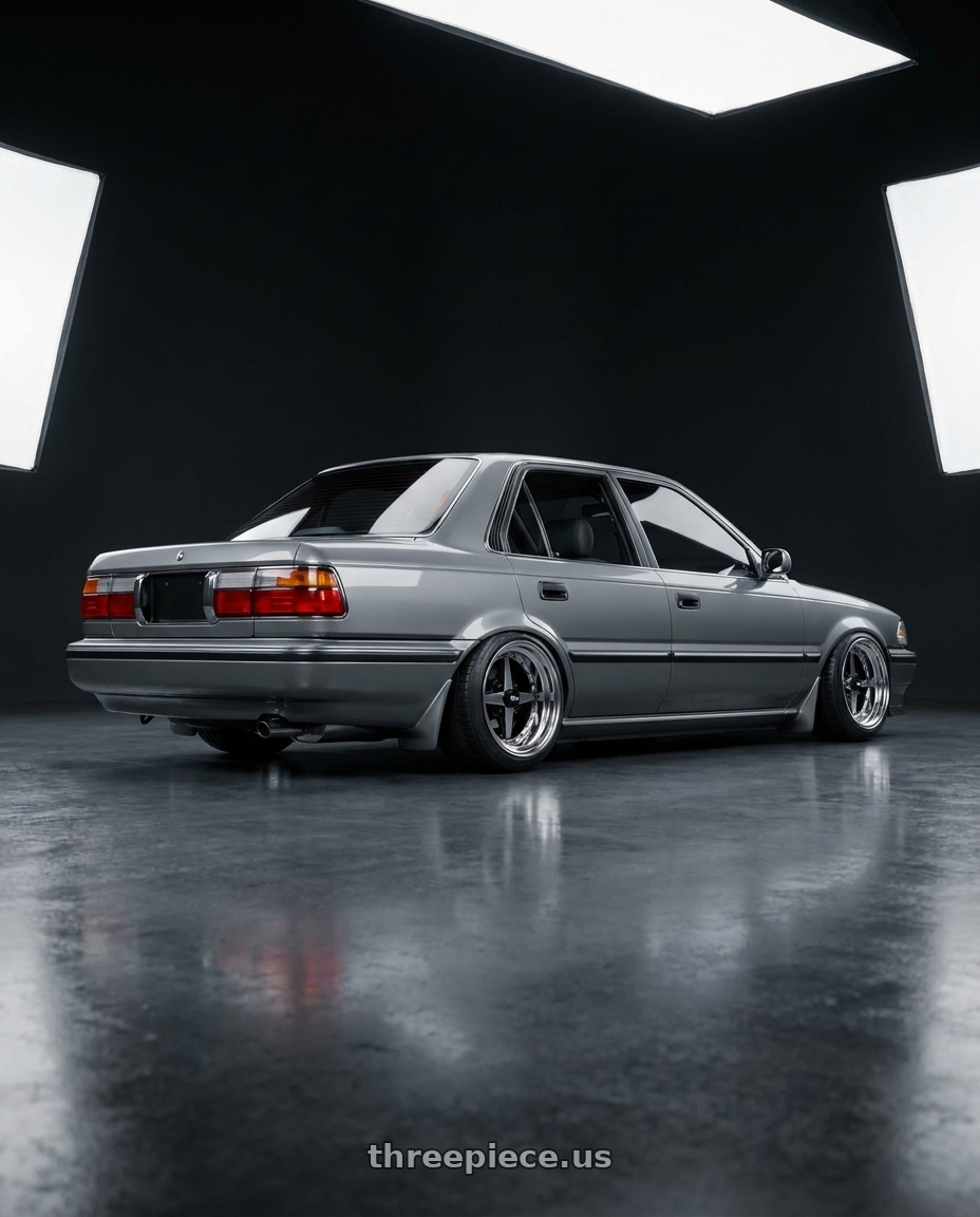 1993 toyota corona 灰色 with Equip 01 Black Polish 4x100 15x9.5 -47 wheels rear three quarter view square tires