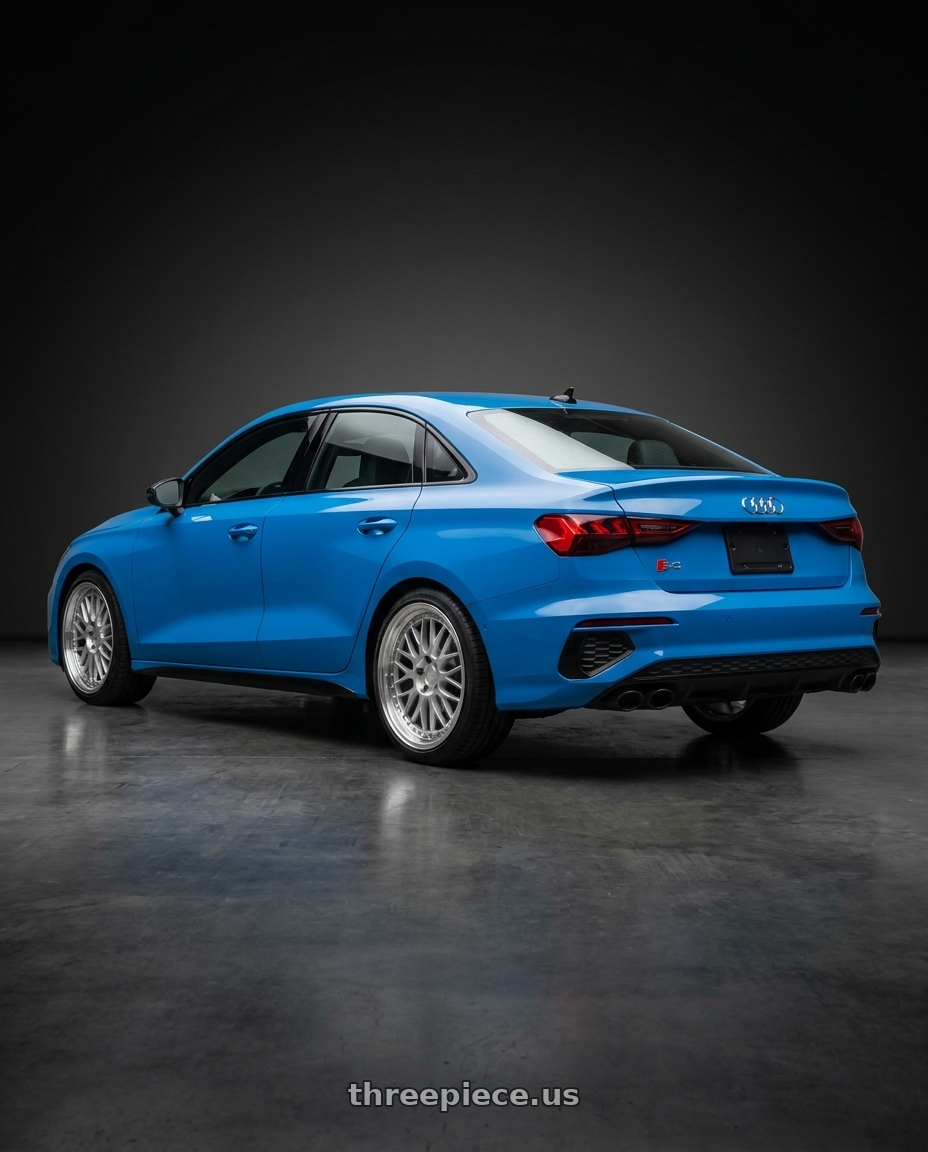 2023 Audi S3 with Aodhan AH02 5x120 18x8.5+35 Silver w/ Machined Lip wheels rear three quarter view square tires