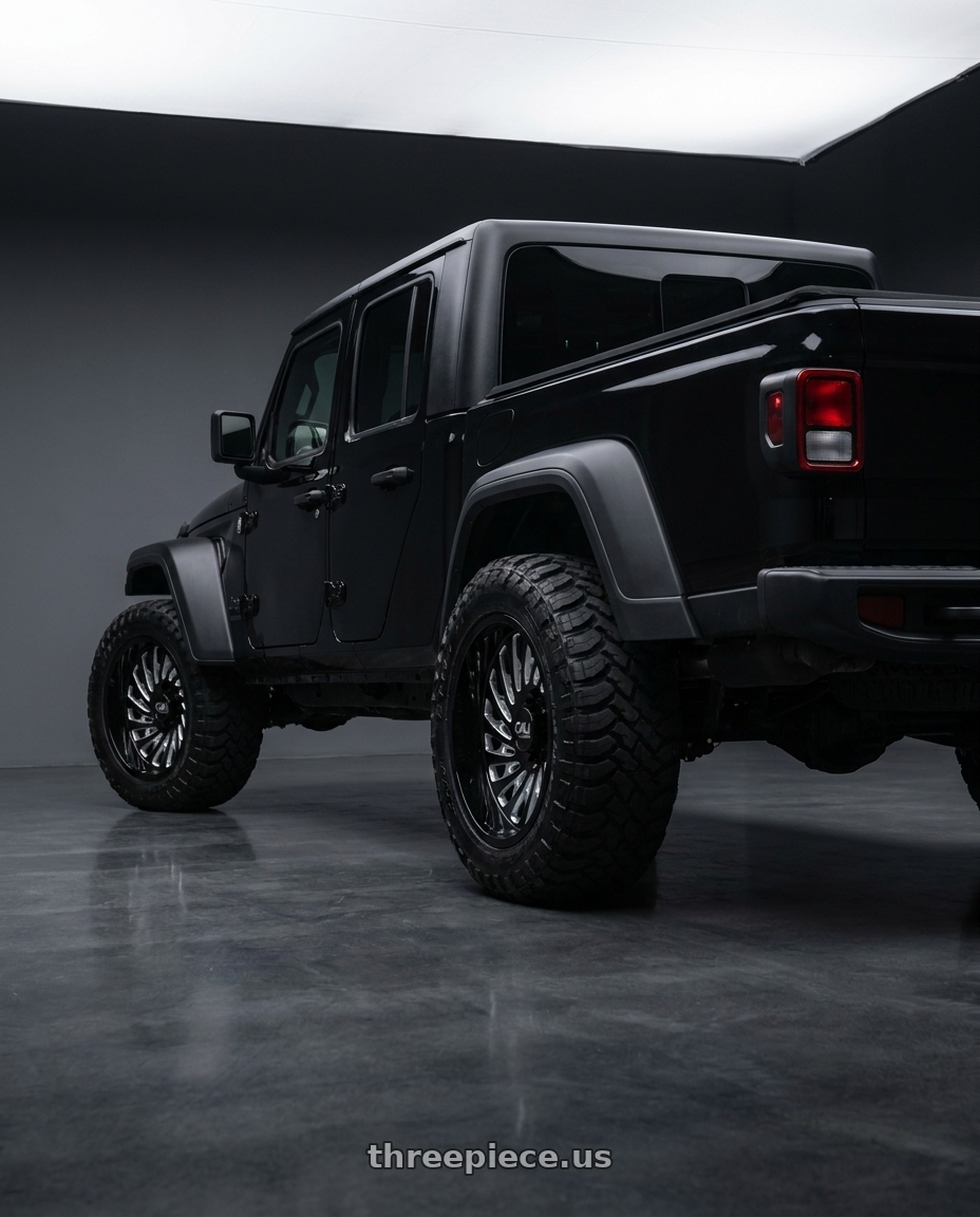 2021 jeep gladiator with Cali Off-Road Switchback 9108 5x127 20x10-25 Gloss Black/Milled wheels rear three quarter view meaty tires