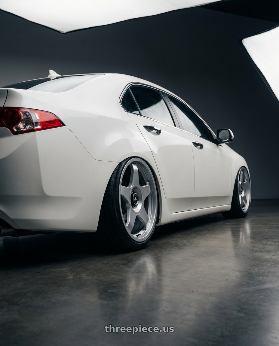 2013 Acura TSX with fifteen52 CHICANE 5x114.3 / 5x120 19x8.5 +35 SPEED SILVER (GLOSS SILVER) wheels rear three quarter view slight stretch tires