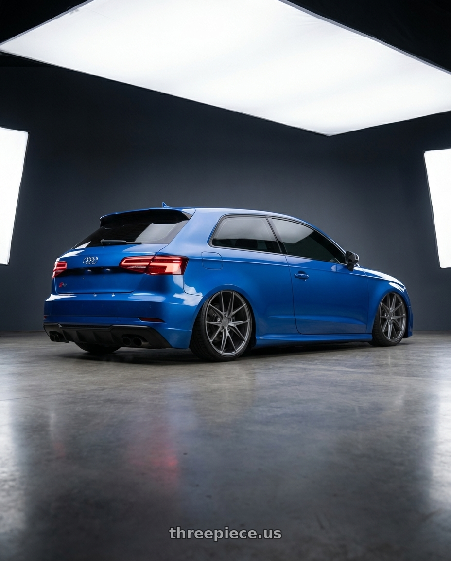 2019 Audi S3 8V with Niche 1PC M116 MISANO 5X112 19X9.5 +38 MATTE GUN METAL wheels rear three quarter view slight stretch tires