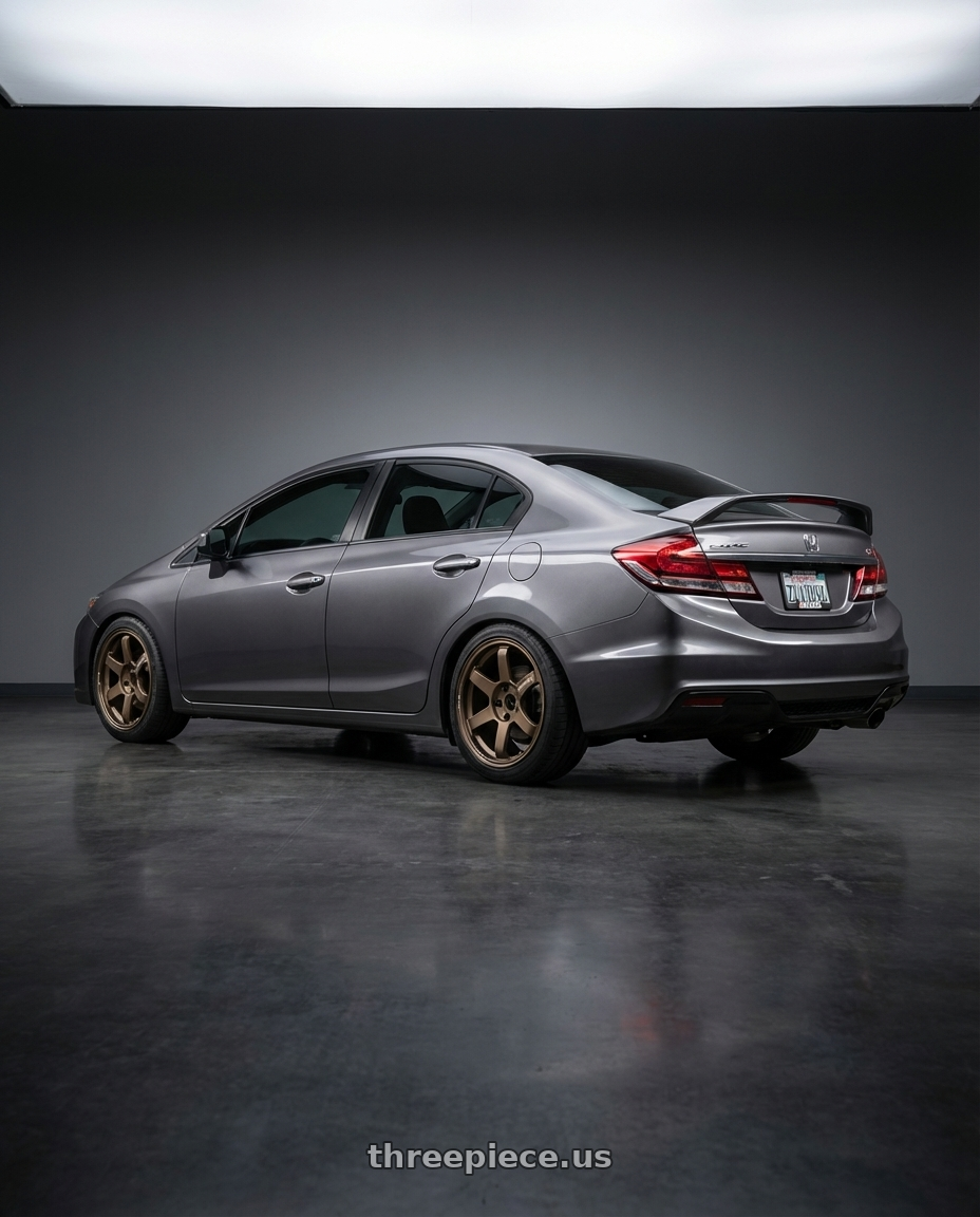 2013 civic si sedan grey with Volk Racing TE37 SAGA 5x110 17x8 +26 BRONZE wheels rear three quarter view square tires
