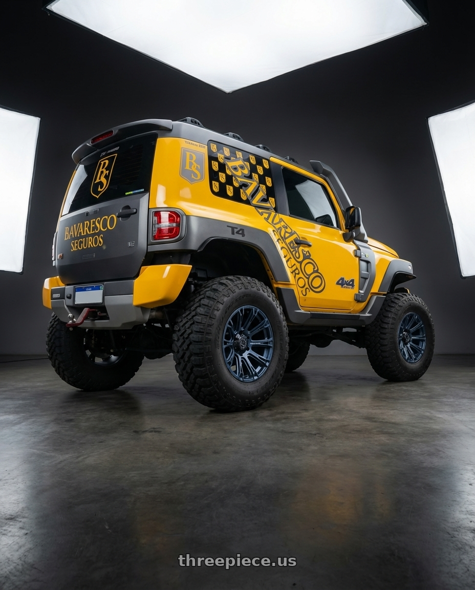 Troller T4 2015 adesivado com logomarca chumbo  with Black Rhino Hard Alloys BR020 DIAMONDBACK 6X139.7 17x9 -12 METALLIC BLUE wheels rear three quarter view meaty tires