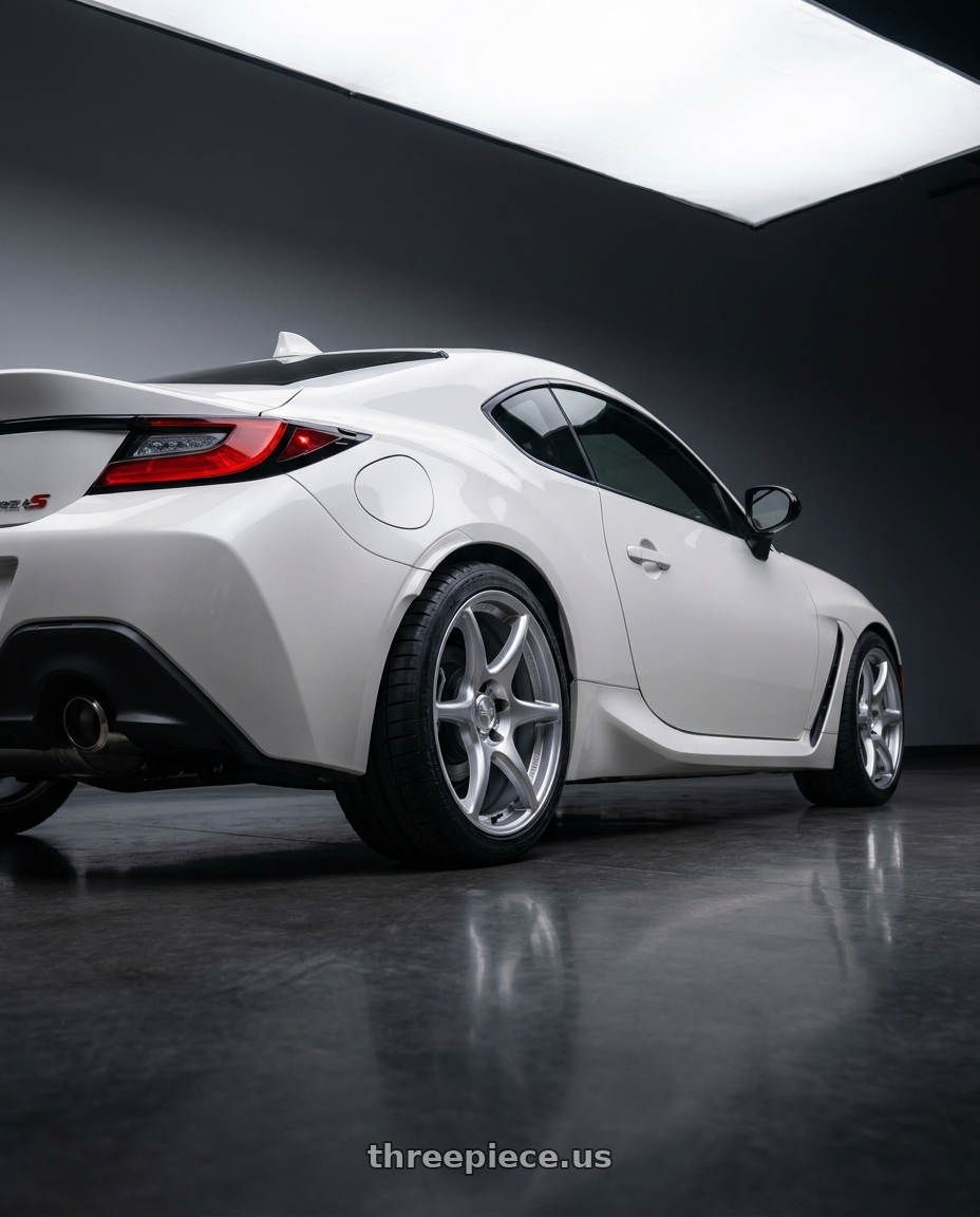 2025 Subaru BRZ TS White with Kansei K11S Tandem 5X100 18x8.5 35 Hyper Silver wheels rear three quarter view square tires