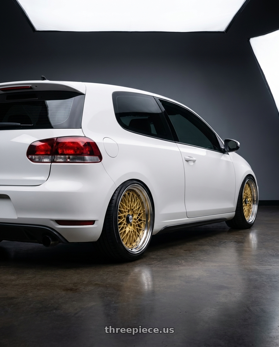 2013 VW GTI with SSR Formula MESH 5X100 18X9.5+0 HP Disk Fm Gold wheels rear three quarter view slight stretch tires