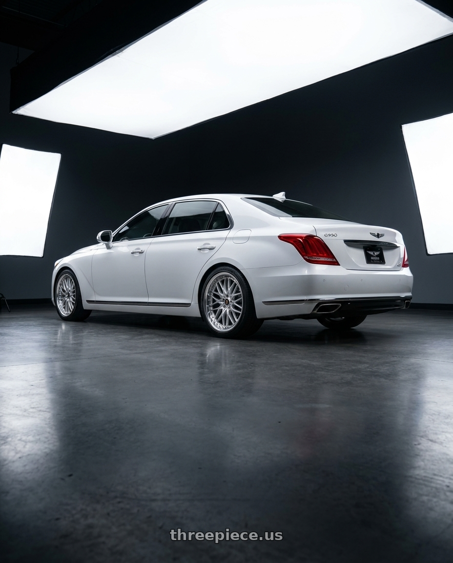 2018 genesis g90 ultimate with Work Vs-Xv 5x114.3 20x8.5+35 L Disk Silky Rich Silver wheels rear three quarter view square tires