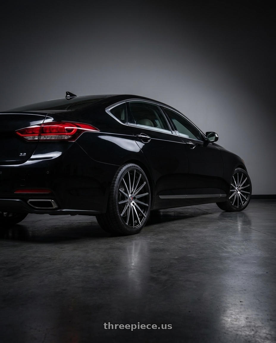 2016 Hyundai Genesis 3 8 with Spec-1 SP-69 5x114.3/5x120 19x8.5 +38 Gloss Black & Machined & Undercut wheels rear three quarter view square tires