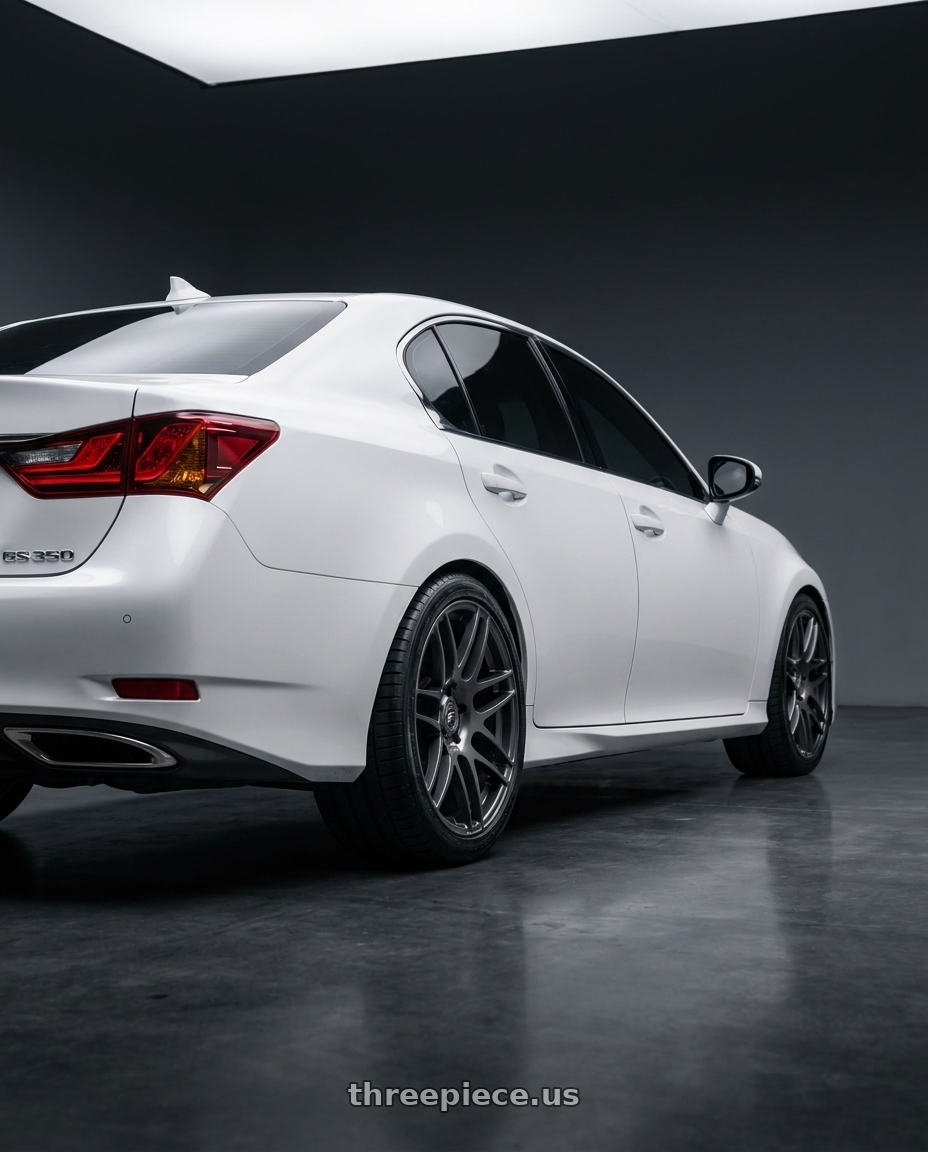 2013 Lexus GS350  with Forgestar F14 5x114.3 19x9 +35 Gloss Anthracite wheels rear three quarter view square tires