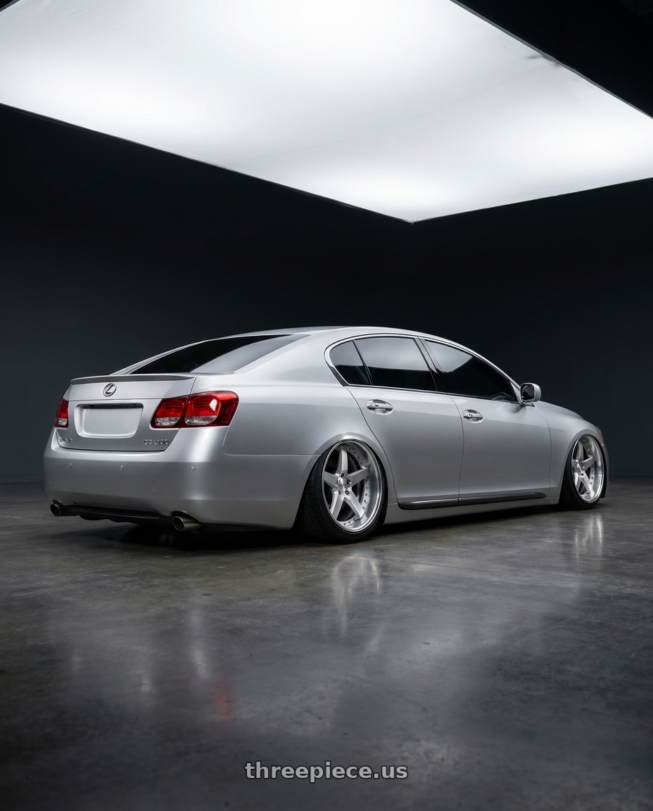 2006 Lexus gs300 with Work Gnosis Gr203 5x114.3 19x8.5+30 H Disk Brush Silver Clear wheels rear three quarter view extreme stretch tires