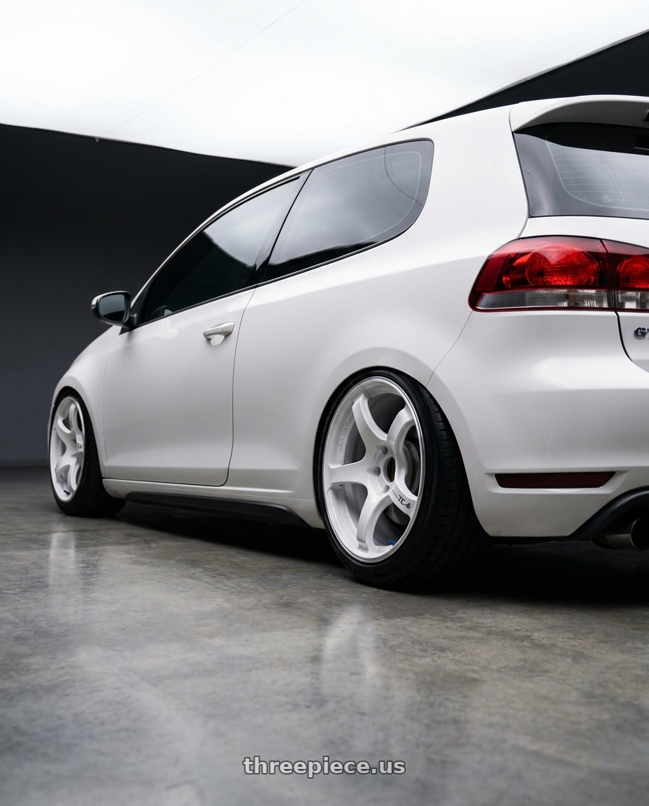 2012 VW GTI with Advan Racing TC4 5x120 18x9.5 +45 RACING WHITE METALLIC & RING wheels rear three quarter view extreme stretch tires