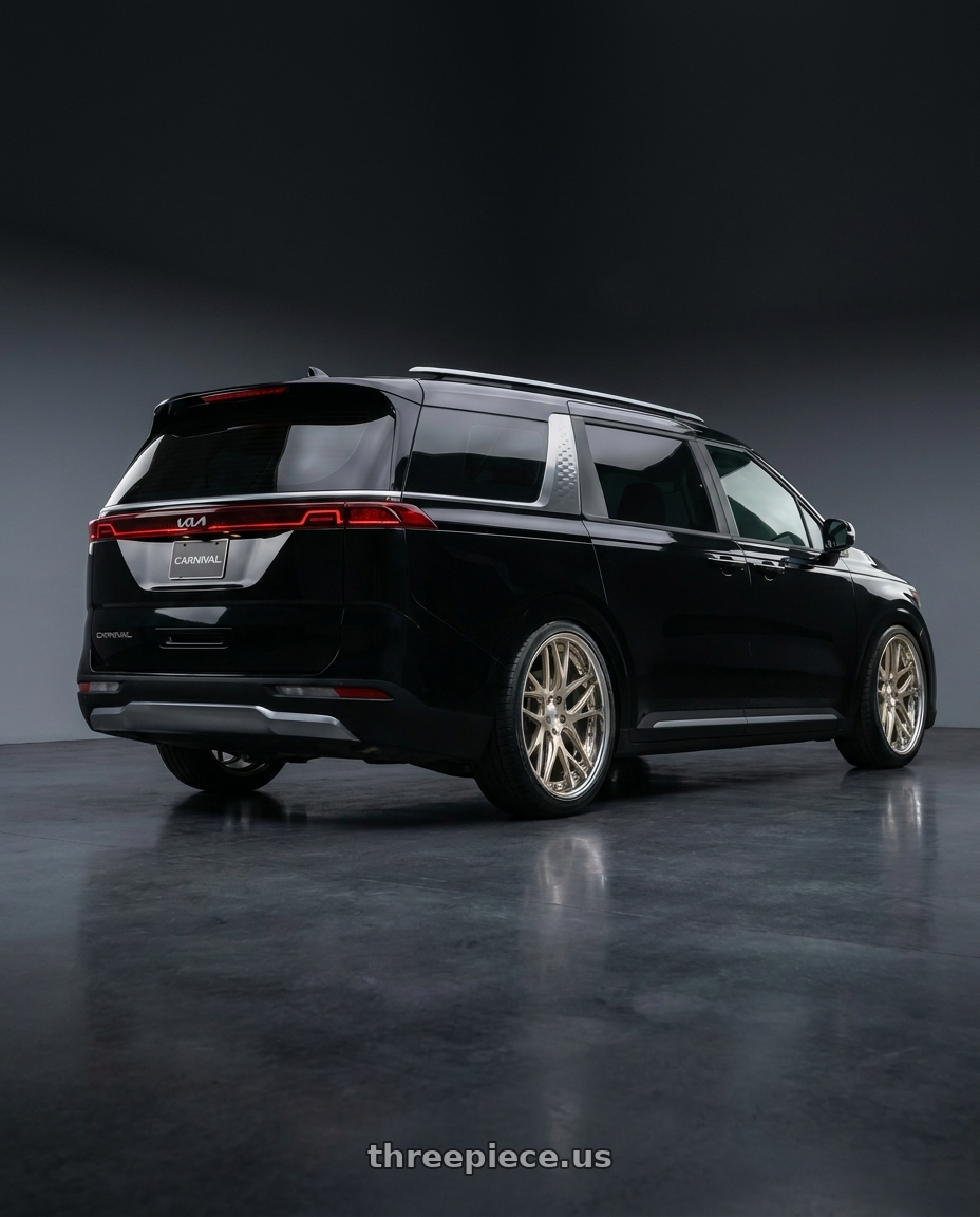 2025 Kia carnival with Work Gnosis Cvs 5x114.3 22x9+45 R Disk Buff Finish wheels rear three quarter view slight stretch tires