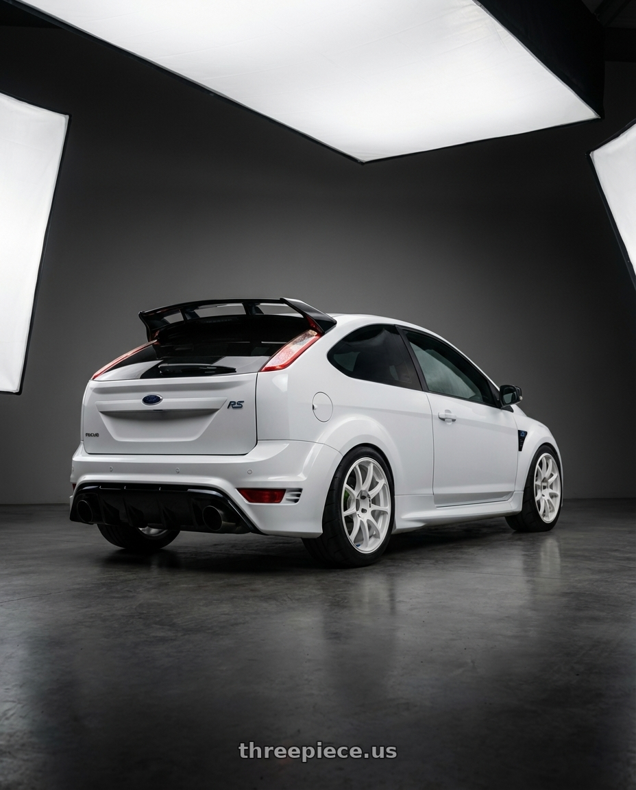 Ford focus Rs 2009 with Advan RCIII 5x114.3 18x8.5+53 White wheels rear three quarter view meaty tires