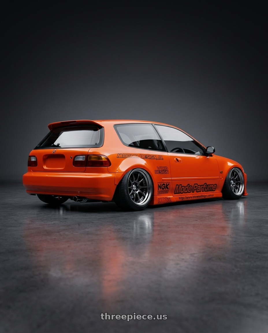 1992 Honda civic with Work Emotion CR2P wheels rear three quarter view slight stretch tires