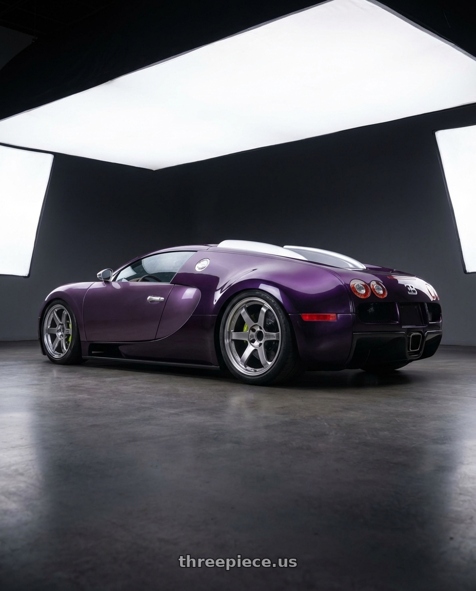 2006 Bugatti Veyron with Volk Racing TE37SL 5x120 19x10.5 +22 FORMULA SILVER wheels rear three quarter view meaty tires