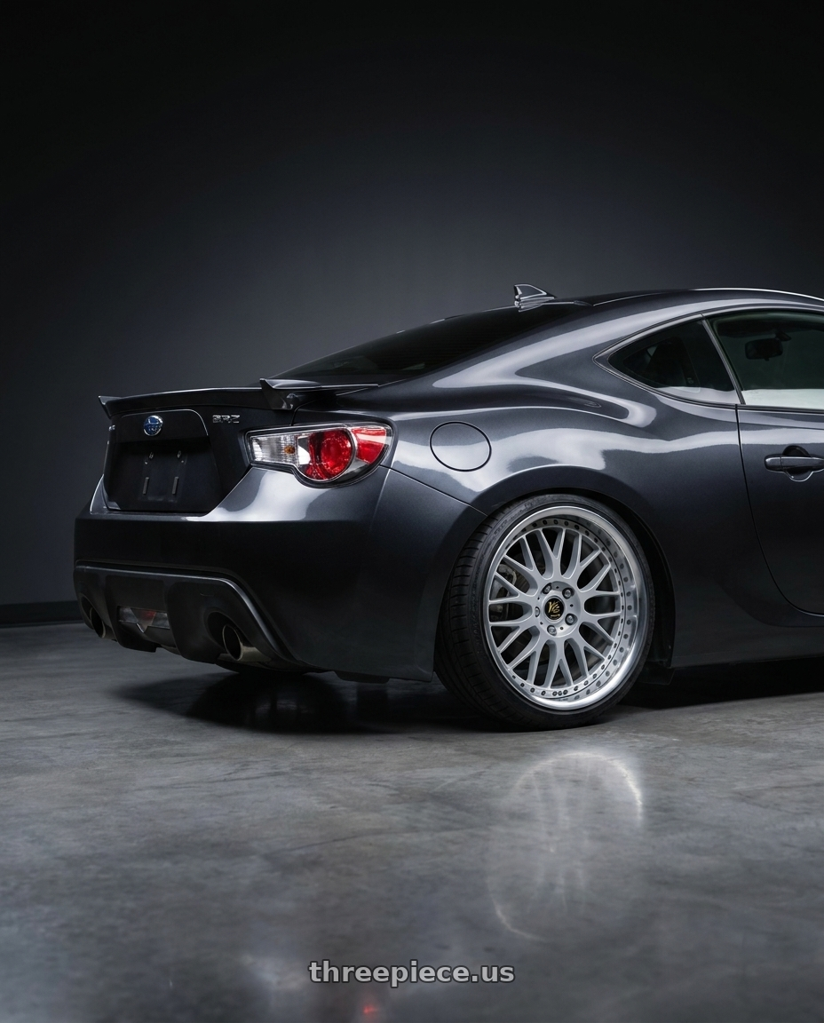 2014 Subaru BRZ with Work Vs-Xx 5x100 18x8.5+40 R Disk Light Grey Silver wheels rear three quarter view square tires