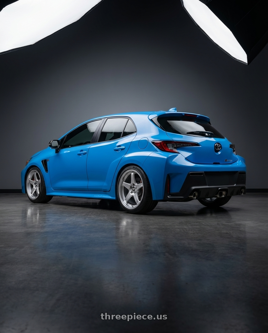 2024 Toyota GR Corolla with ESR Wheels APEX SERIES AP5 5x114.3 18x10.5 +22 Hyper Silver wheels rear three quarter view square tires