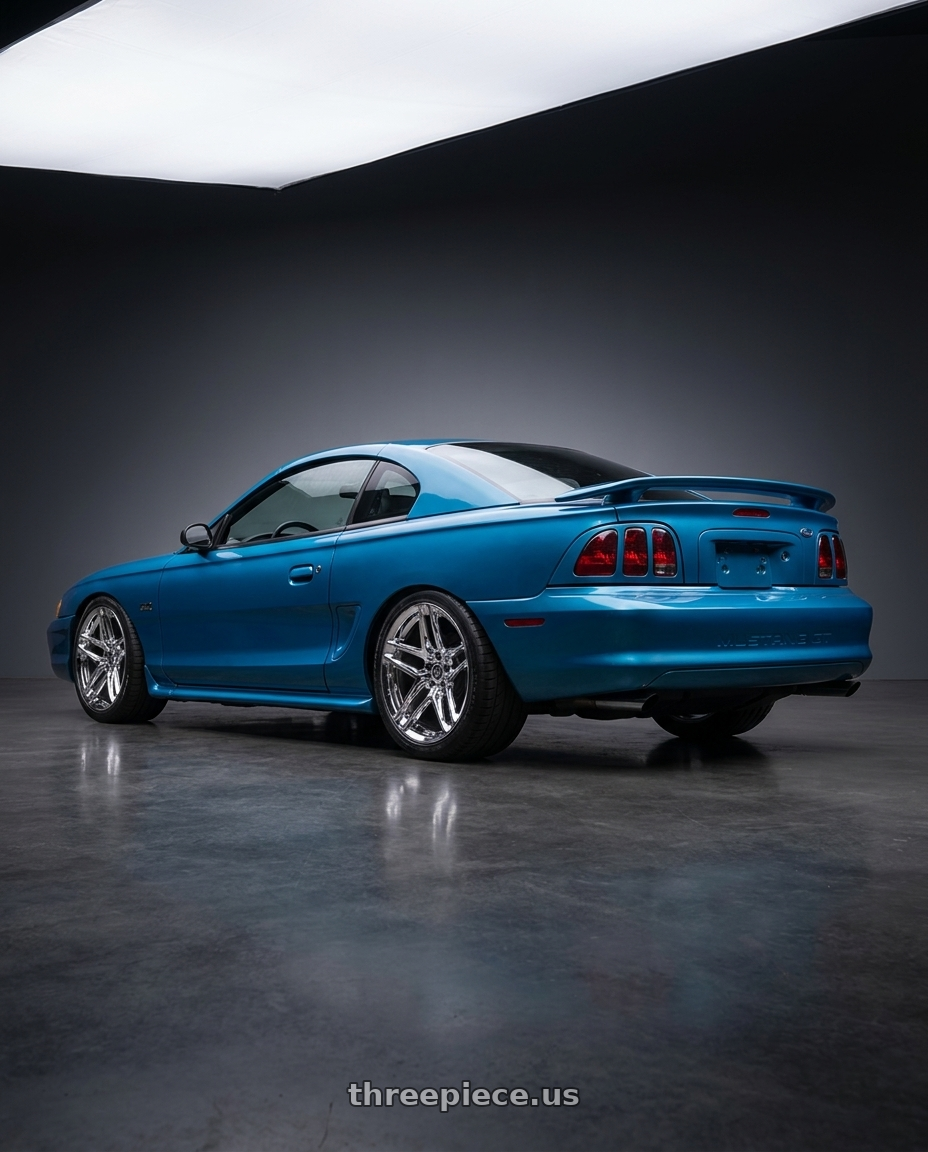1994 mustang gt with HERITAGE WHEEL EBISU MONOC 5x114.3 20x9 +25 CHROME wheels rear three quarter view square tires